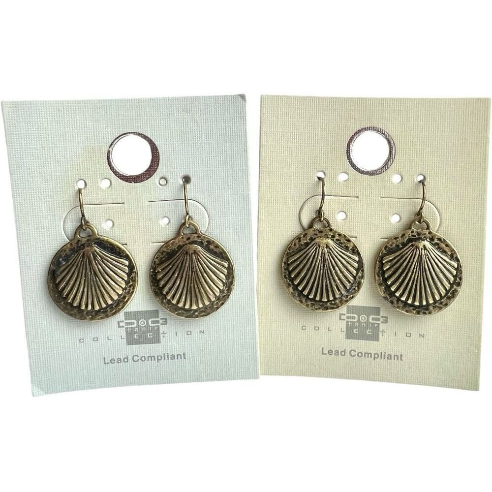 Brand New Womens One Way Collection Antique Bronze Seashell Beach Earrings Set